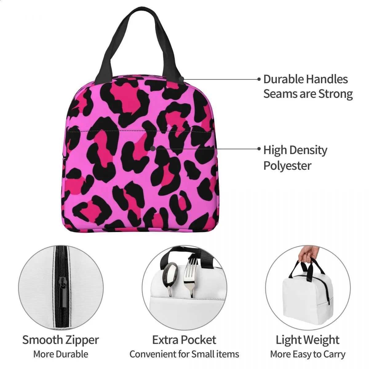 Pink Leopard Print Insulated Lunch Bags Thermal Bag Lunch Container Camouflage Large Lunch Box Tote Food Bag Office Picnic 240819