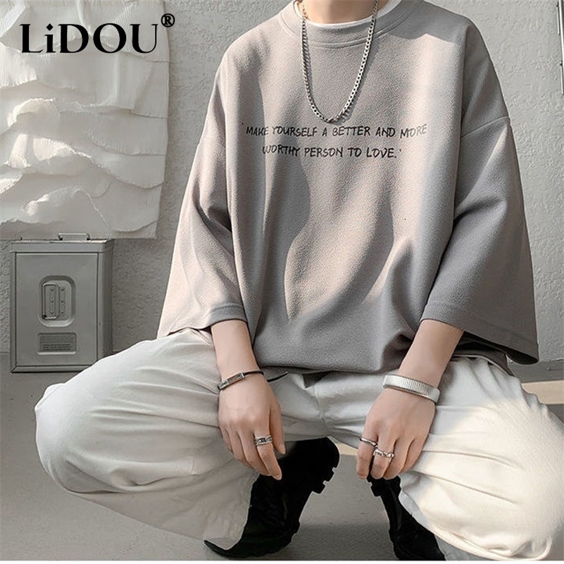 Summer Y2K High Street 34 Sleeve T-Shirts Man Round Neck Printing Oversize Tops Loose Personality Hip Hop Streetwear 240819