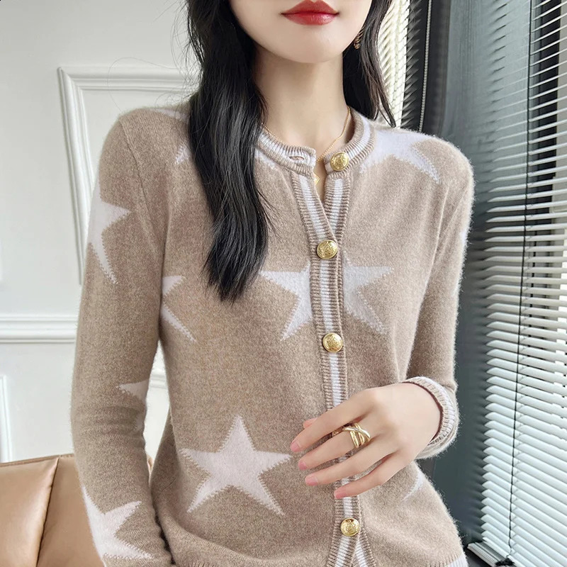 Autumn and Winter 100% Wool Womens Clothing Fashion Round Neck Knitted Open Collar Casual Loose Embroidered Top Long Sleeve Sweater 240819