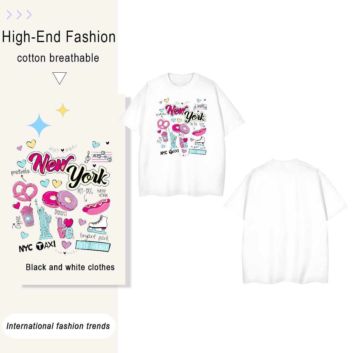 Loose New York 100% Cotton 230g Men Clothes T-Shirt Street O-Neck Short Sleeve T-Shirts for Men 2024 Cartoon Printing L-4XL Clothings