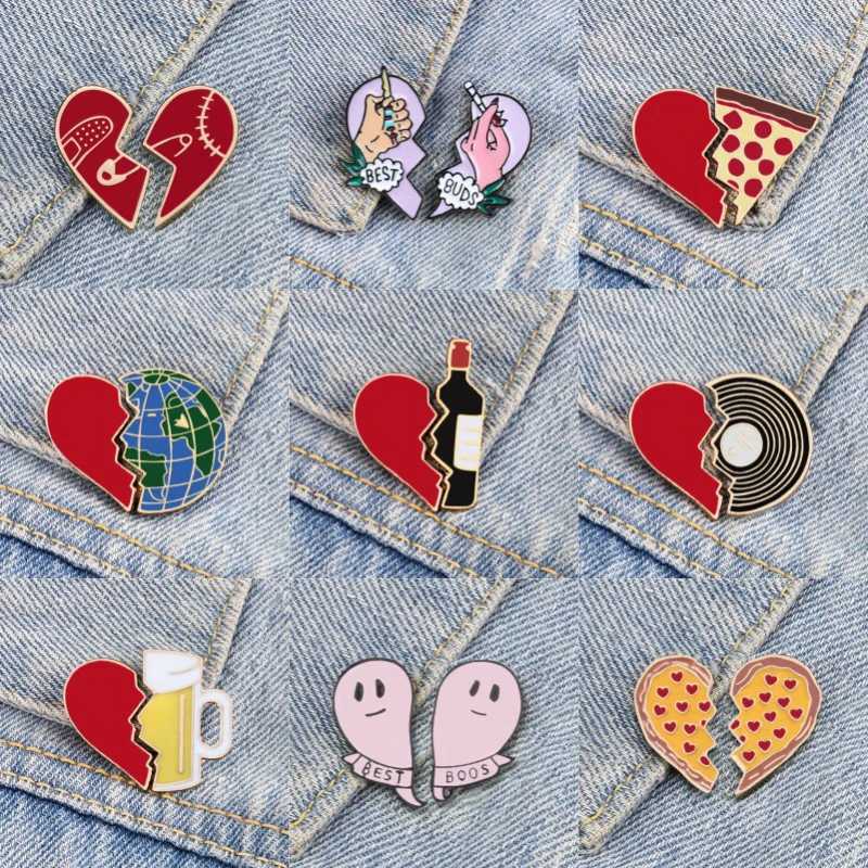 9 heart shaped brooch sets 2PCS/set cartoon enamel brooch suitable for couples best friends beer glasses pizza earth emblem pockets denim jewelry gift