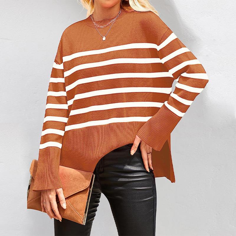Trendy European & American Women's Striped Sweater - Cozy Round Neck, Long Sleeves with Side Split