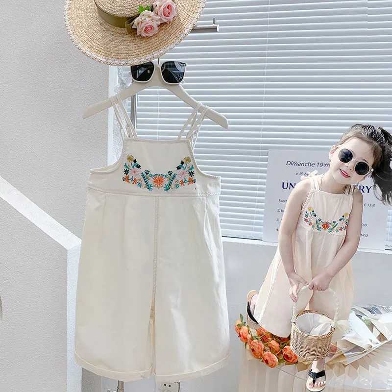 2-7Y floral embroidery childrens girls full body jumpsuit summer jumpsuit princess girls clothing childrens pants W240806