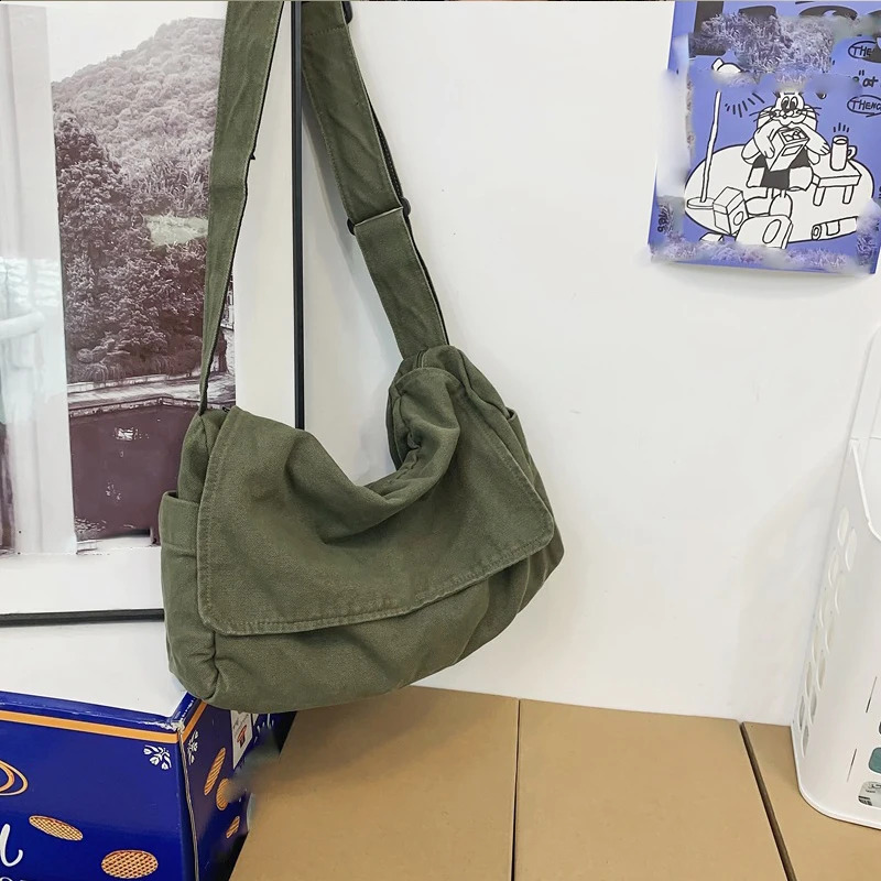 Retro casual washed canvas crossbody bag with universal zipper for men and women large capacity single shoulder messenger bag 240819
