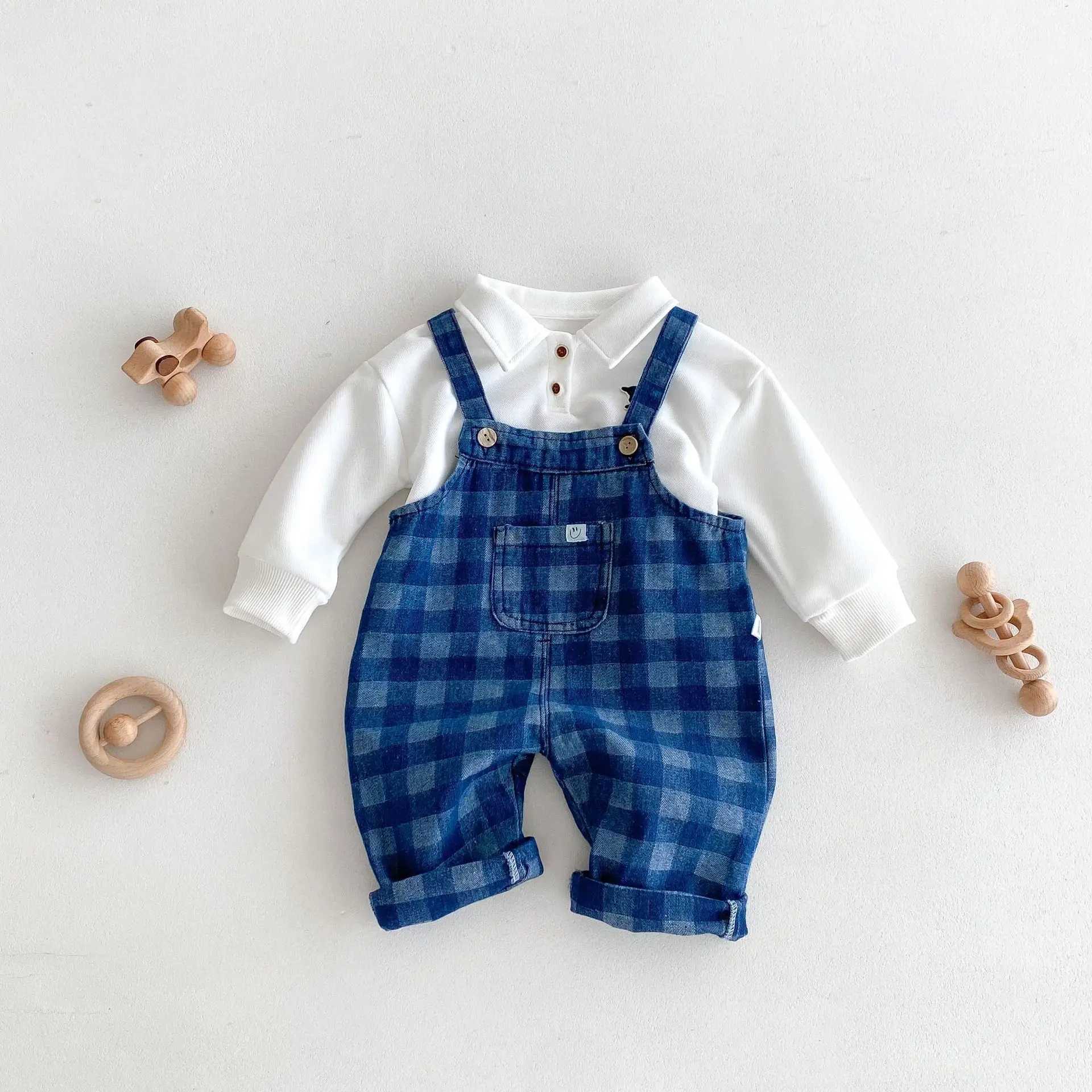 Strappy Pants Spring Autumn New Plaid Pocket High Quality Toddler Boys Suspended Pants Versatile Little Boys Over W240806