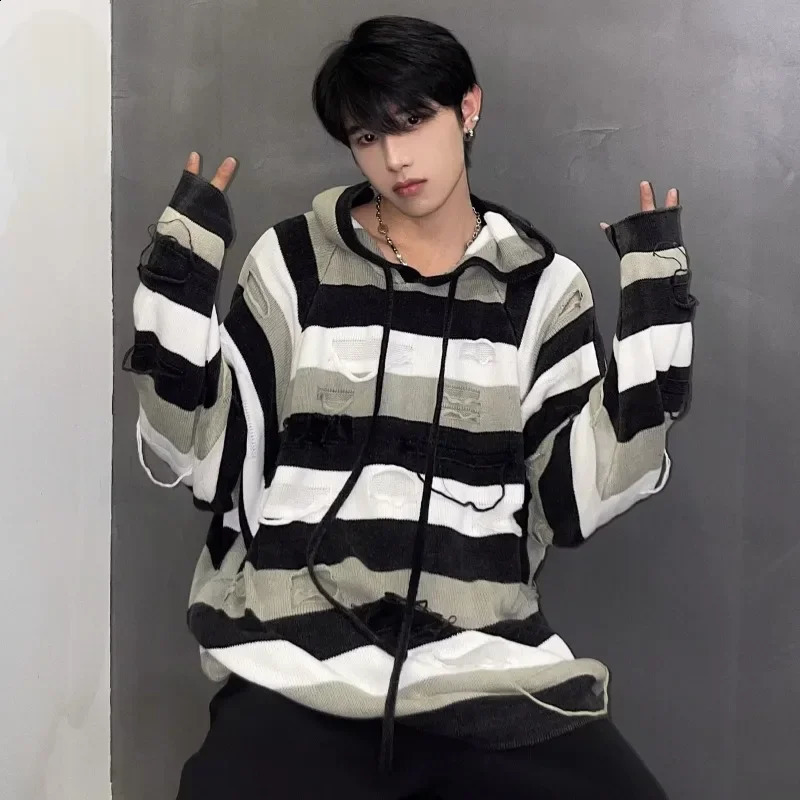 American style retro Distressed Striped knit hooded sweater for womens casual niche pullover 240819