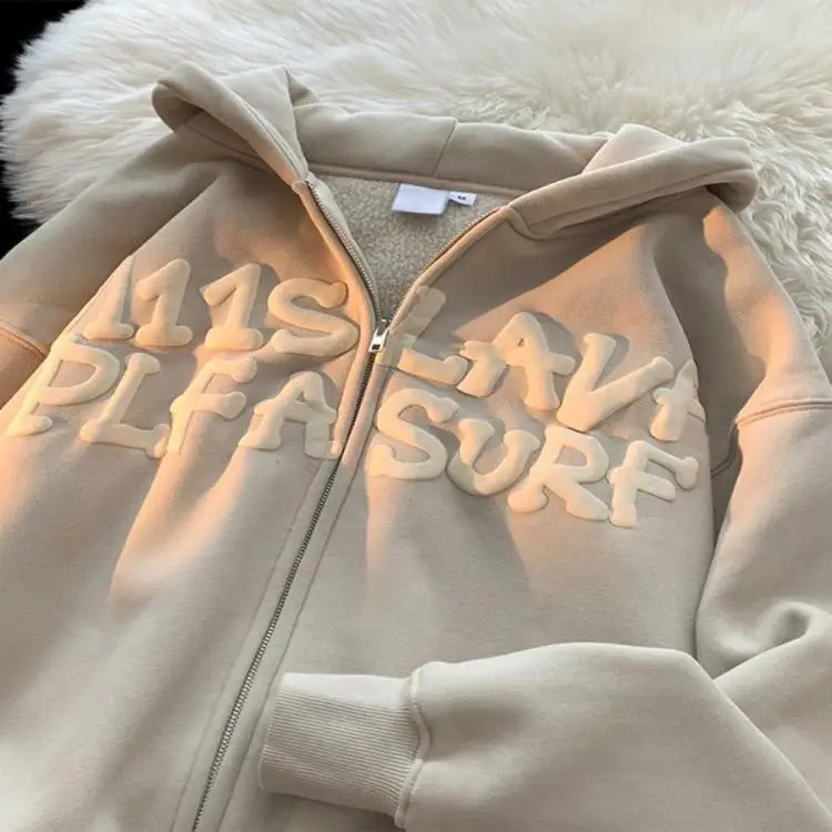 American Letter Print Hoodies Cardigan Womens Y2K Street Hip-Hop Trend Sweatshirts Couple Lazy Wind Loose Zipper Hoodies Coat 240819