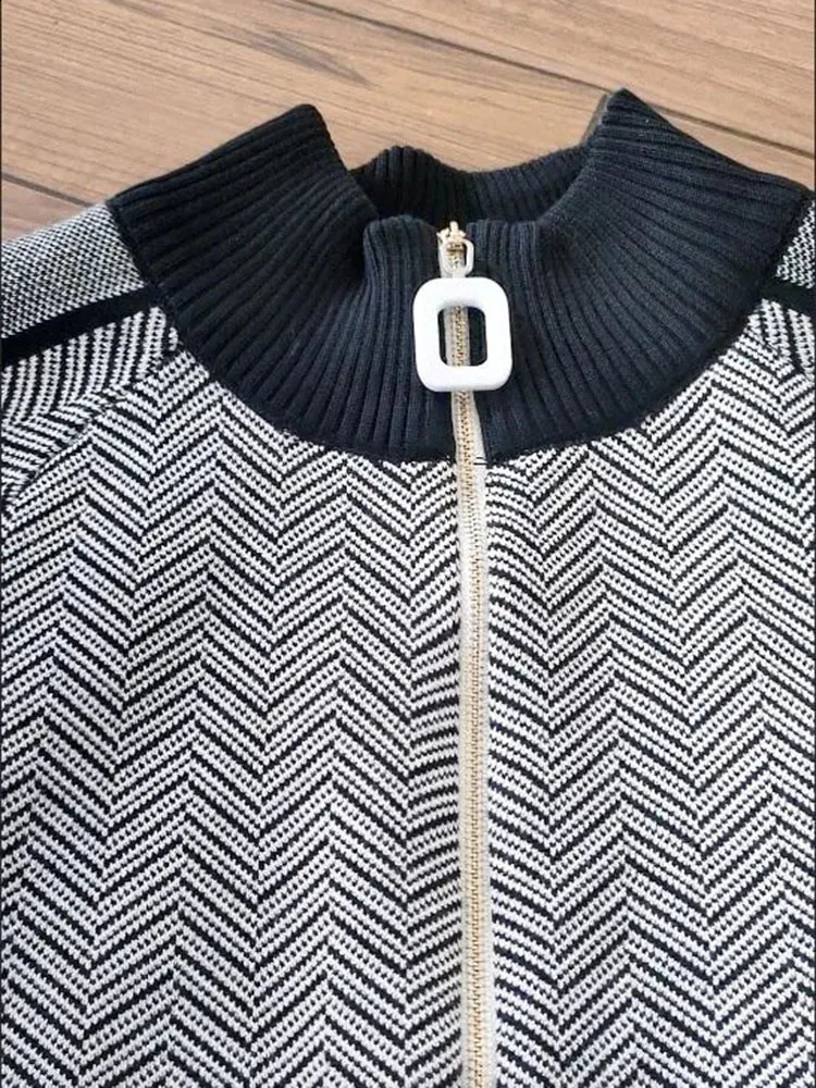 Winter Fall Stripe 2 Piece Sets Stand Collar Warm Cardigan Tracksuit High Waist Harem Pant Suits Knit Soft Korean Conjuntos 240819