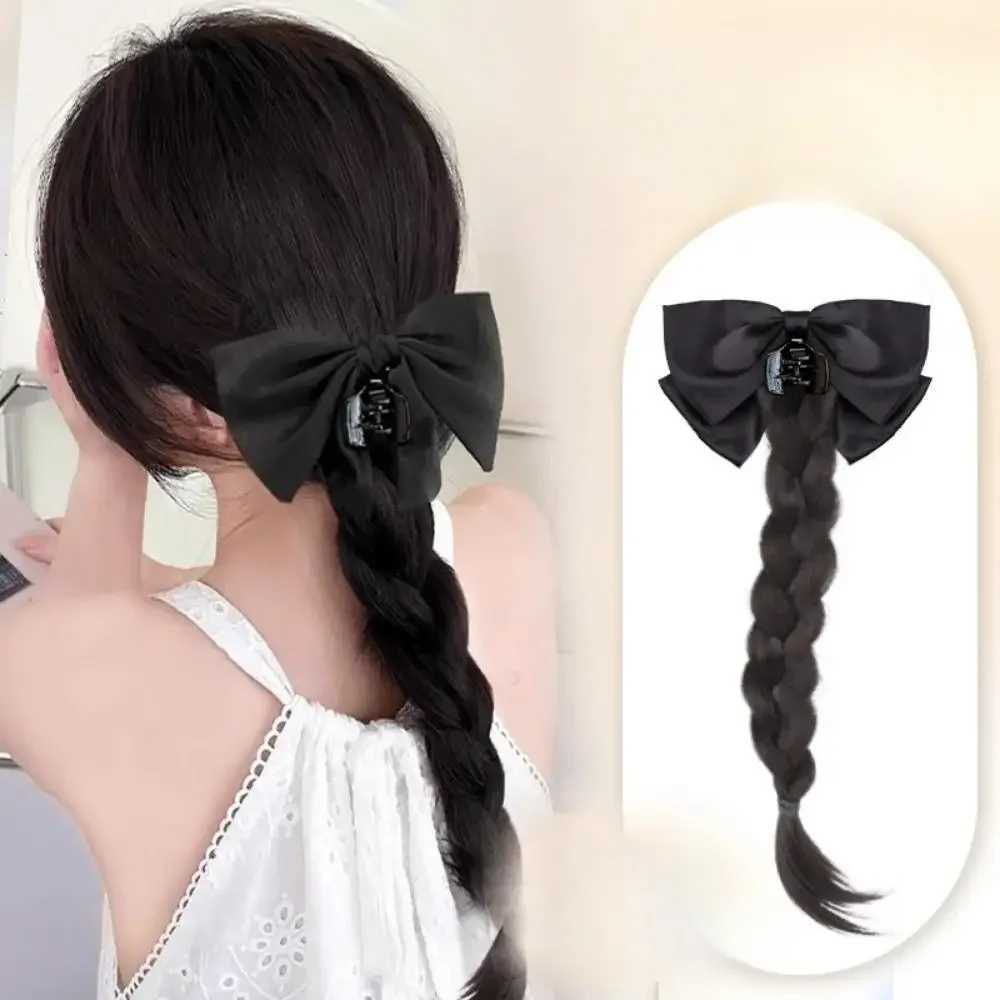 Synthetic wig elegant black bow grip clip boxing ponytail wig for women simulation weaving twisted hair extension W240817