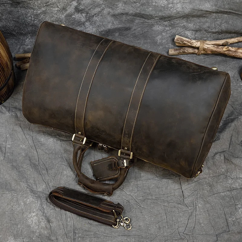 60cm Vintage Mens Leather Travel Bag Real Leather Weekender Bag Overnight Travelling Handbag For 3 days Business Travel 240819