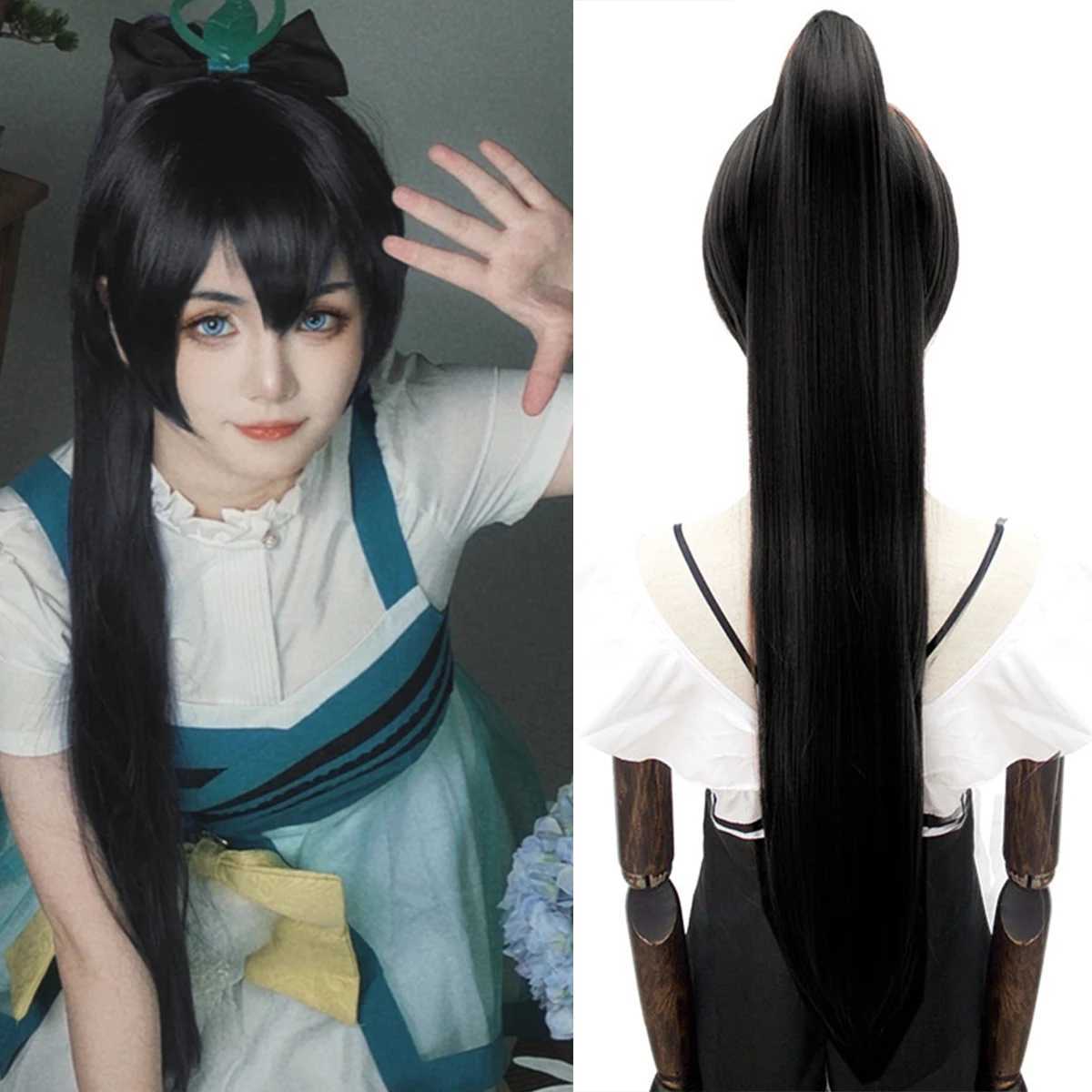 DIFEI synthesis 80CM long straight ponytail clip cosplay wig high-temperature fiber optic wig anime party ponytail party wig W240817