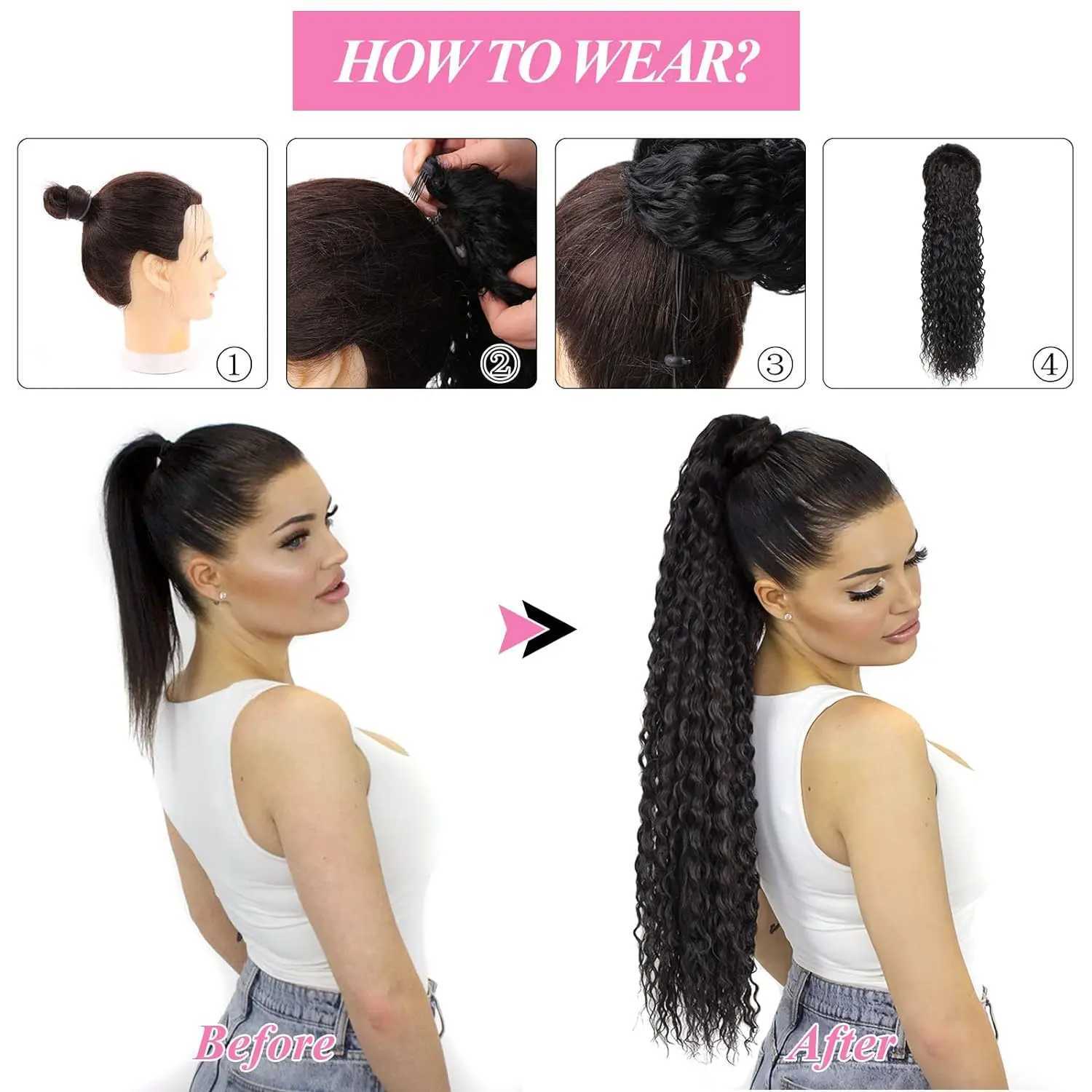 Curly ponytail extension clip on drawstring ponytail wig 100% real human hair long deep wavy ponytail female hair W240817