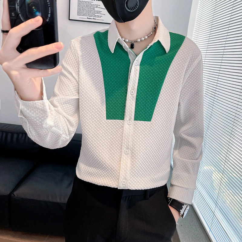 Spring Autumn Fashion Square Collar Long Sleeve Shirts Mens Clothing Button Color Blocking Cardigan Korean Loose Trend Blouse 240820