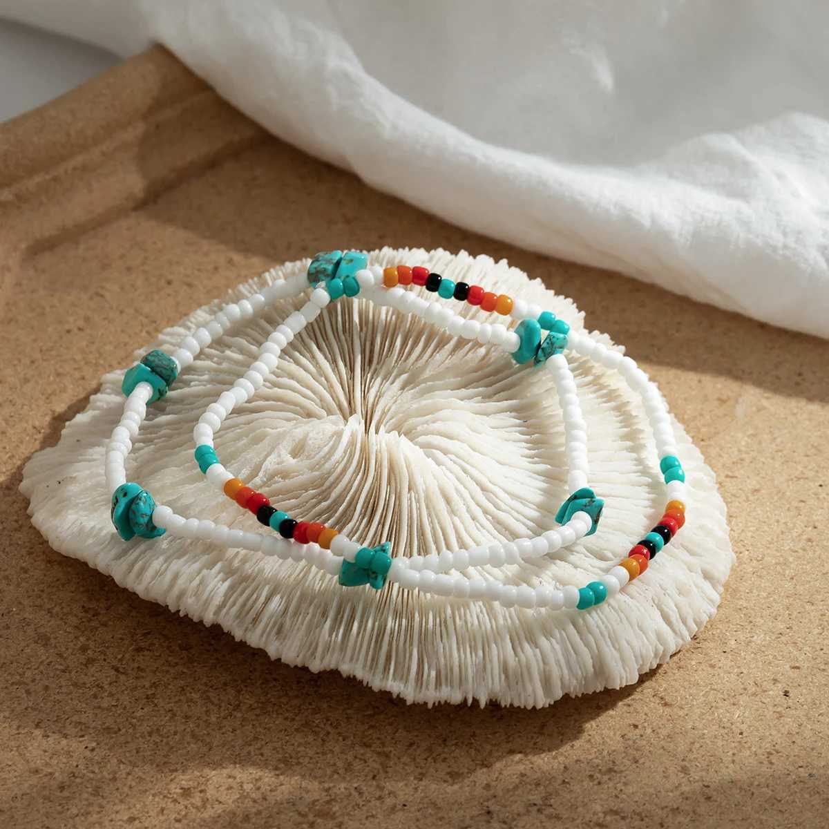 Salicon Bohemian mixed color rice bead anklet chain fashionable geometric natural stone anklet summer beach jewelry W240815