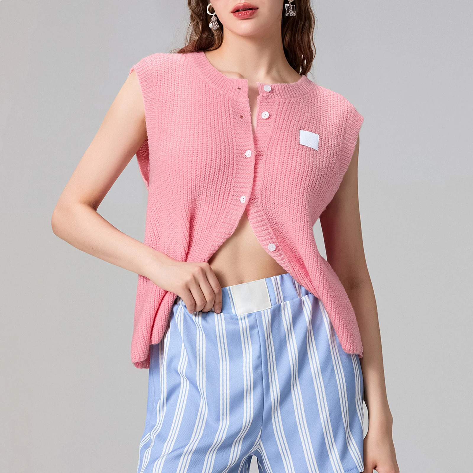 Womens Kawaii Knitted Tank Top Casual Summer Solid Color Button Front Basic Sleeveless Dress 240819