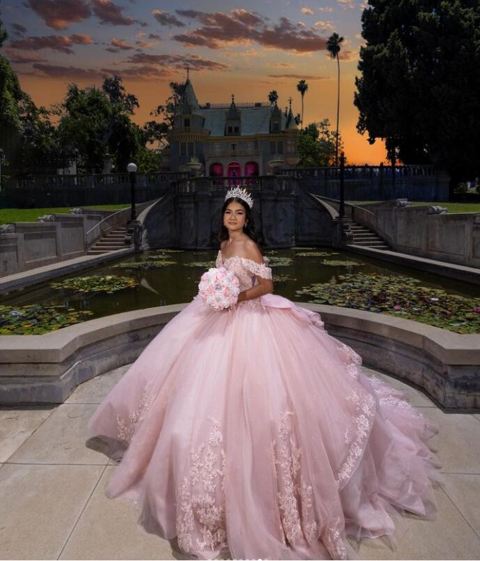 Pink Princess Sparkly Quinceanera Dresses Off Shoulder Floral Applique Lace-up Corset Tutu vestido 15 anos quinceanera 2025