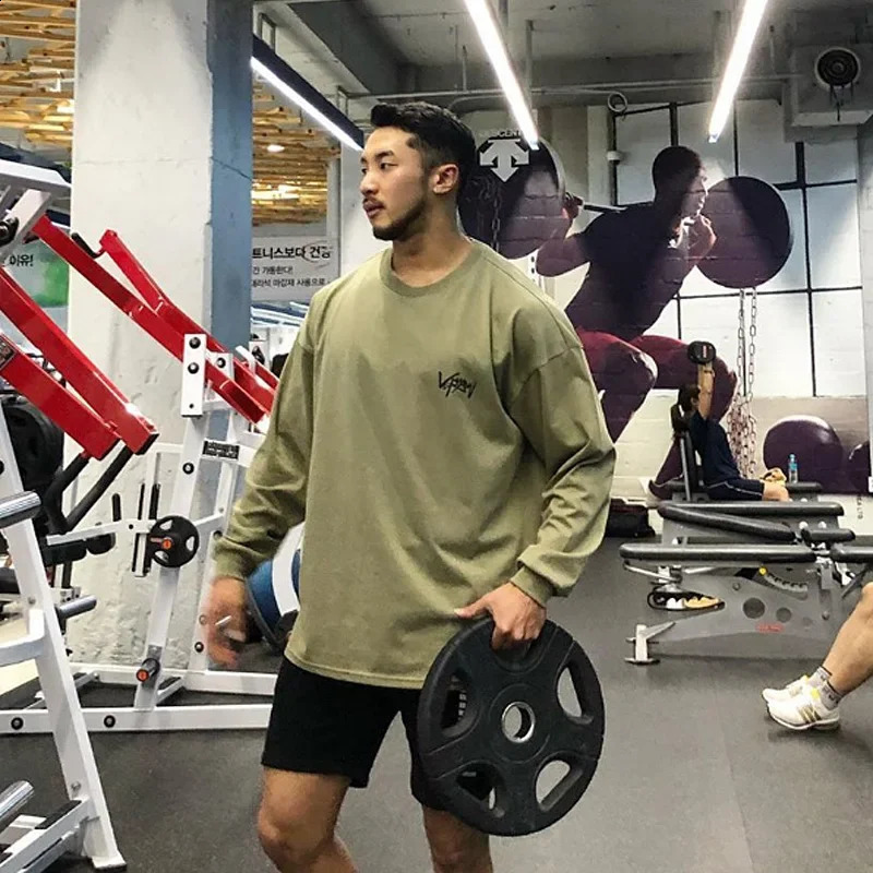 Mens Gym Fitness T-shirt O-Neck Loose Bodybuilding Long Sleeve Top Running Sports Sweatshirts Workout Pullovers Casual Clothing 240820