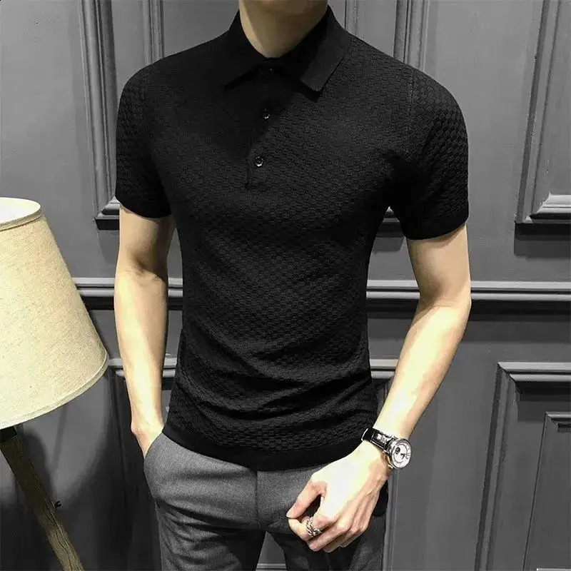 Man Short-sleeve Solid Color Tops Men Summer Y2K Business Casual Sport Chic Male Pullover Korean Fashion Elegant Polo T-shirt 240819