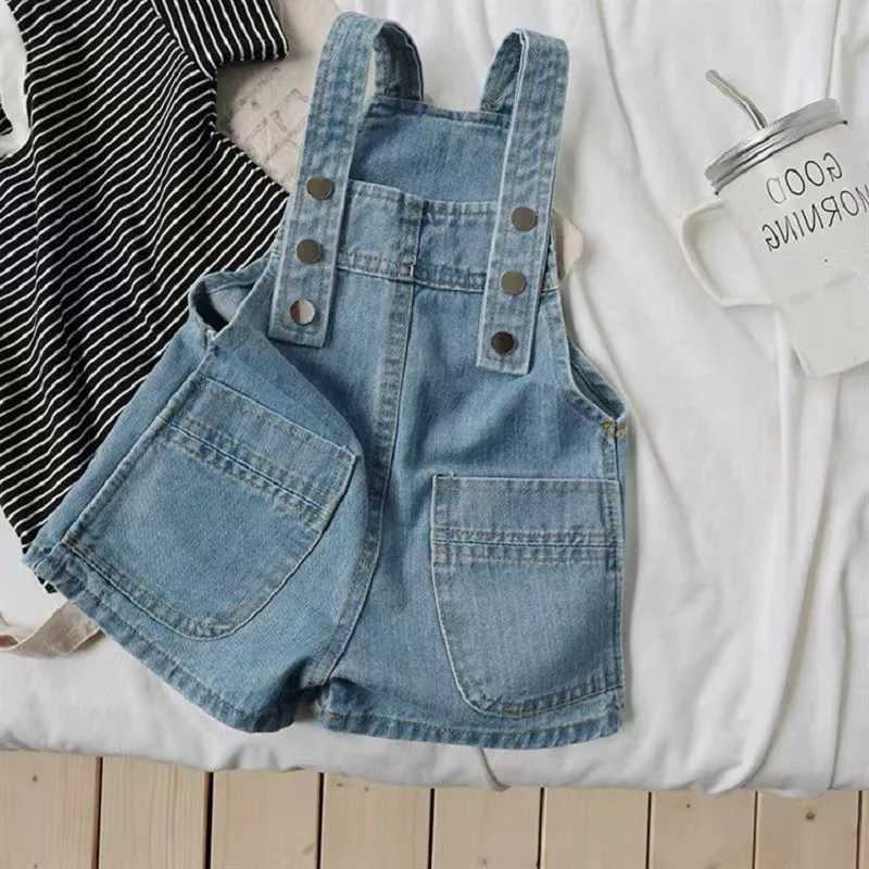 Childrens denim jumpsuit with belt suitable for washing denim jumpsuit for children summer girls clothing 3-8 years old W240806
