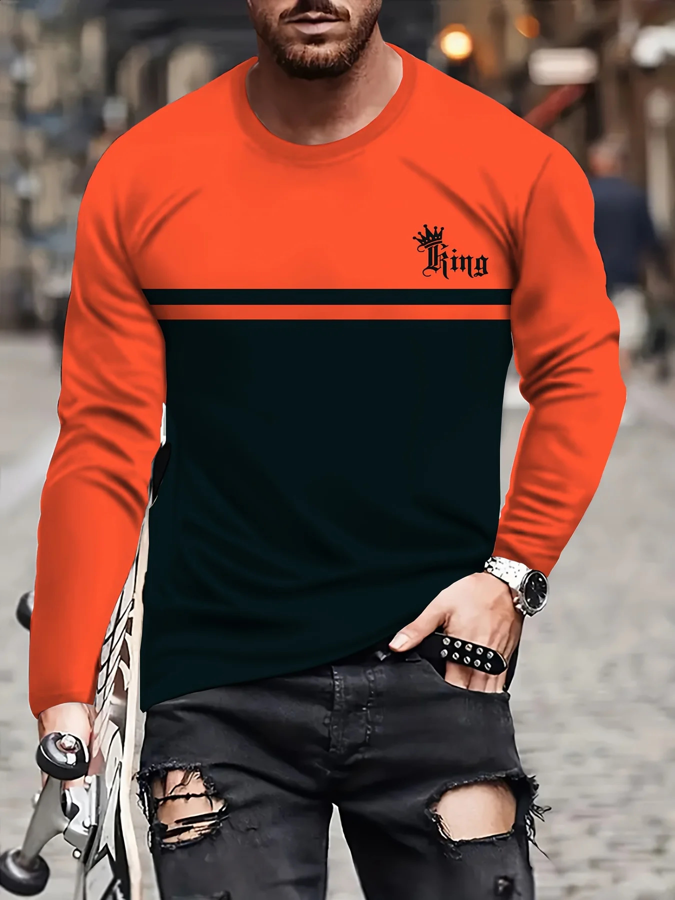 Funny Letter Stripe Print T Shirt For Men Autumn Fashion Loose Cotton Tops Casual O-neck Long Sleeve T-Shirt Mens Clothes Tees 240820