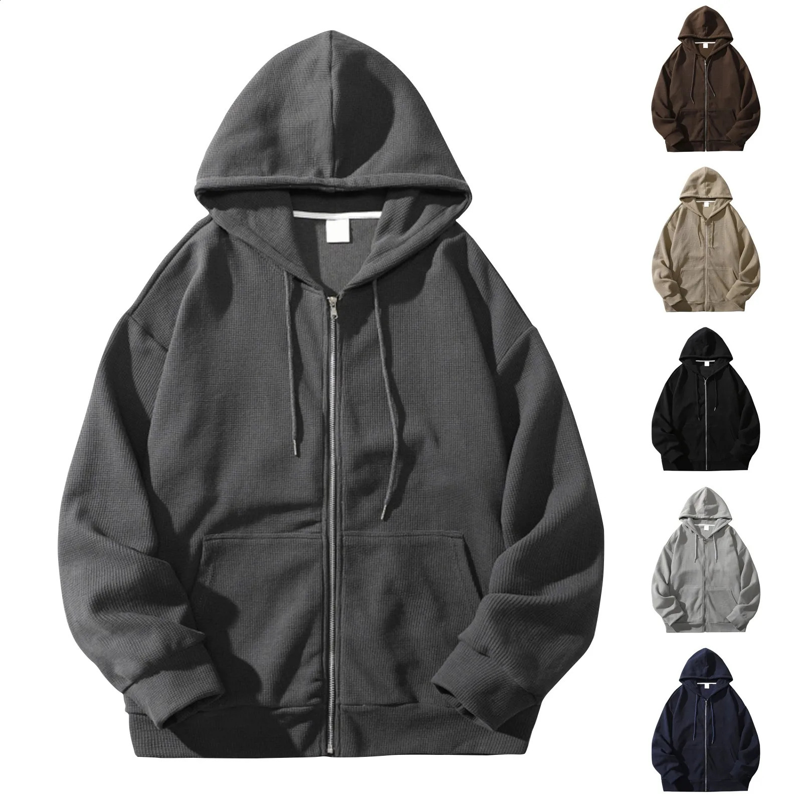 Solid Print Hoodie Men Retro Zip Up Long Sleeve Loose Jacket Coats Harajuku Casual Daily Hooded Sweatshirt Y2k Streetwear 240819