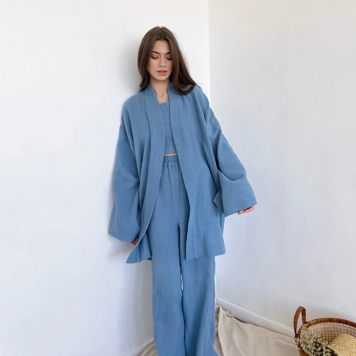 Casual Lace Up Long Sleeve Cardigan Tops Suits High Waist Wide-leg Pants Nightgown Sets Loose Pajama Women Homewear 2 Piece Sets 240819