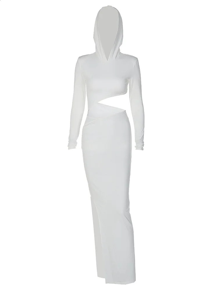 White Long Sleeve Hooded Shoulder Pads Hollow Out Slit Sexy Slim Maxi Dress Autumn Women Clothes Party Club Y2K 240819