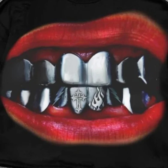 Street clothing Tshirt Y2K hiphop teeth graphic printed black oversized mens Harajuku Gothic cotton short sleeved top 240819