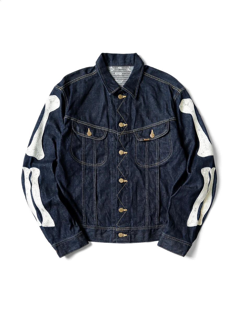 Harajuku Japanese Style Bone Embroidered Denim Jacket Mens Street Skateboard Retro Loose Casual Autumn Thin 240819