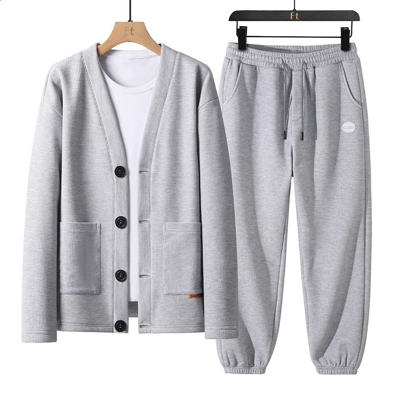 2024 Spring and Autumn Mens Cardigan V-neck Set a two-piece set of cardigan top and casual pants 240819