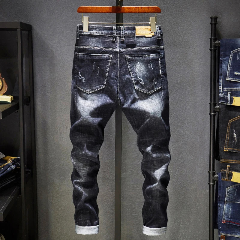 KSTUN Ripped Jeans Men Dark Blue Stretch Slim Fit Distressed Streetwear Denim Pants Casual Retro Biker Jeans Man Trousers Hiphop 240819