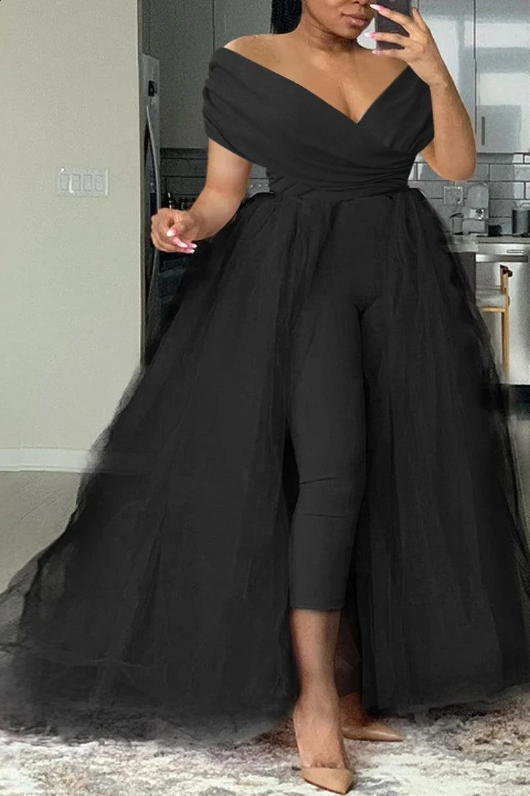 Plus Size Formal Casual One Piece Outfit Solid Off The Shoulder V Neck Tulle Jumpsuit With Tulle Skirts 240819