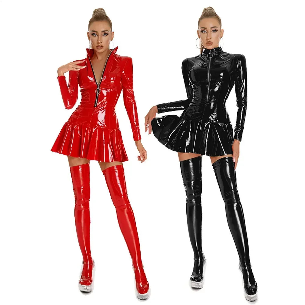 Latex Hollow Zipper Stand Up Collar A-Line Mini Pleated Skirt Latex Dresses Womens Wet PVC Leather Tight Bodycon Mini Dress 240819