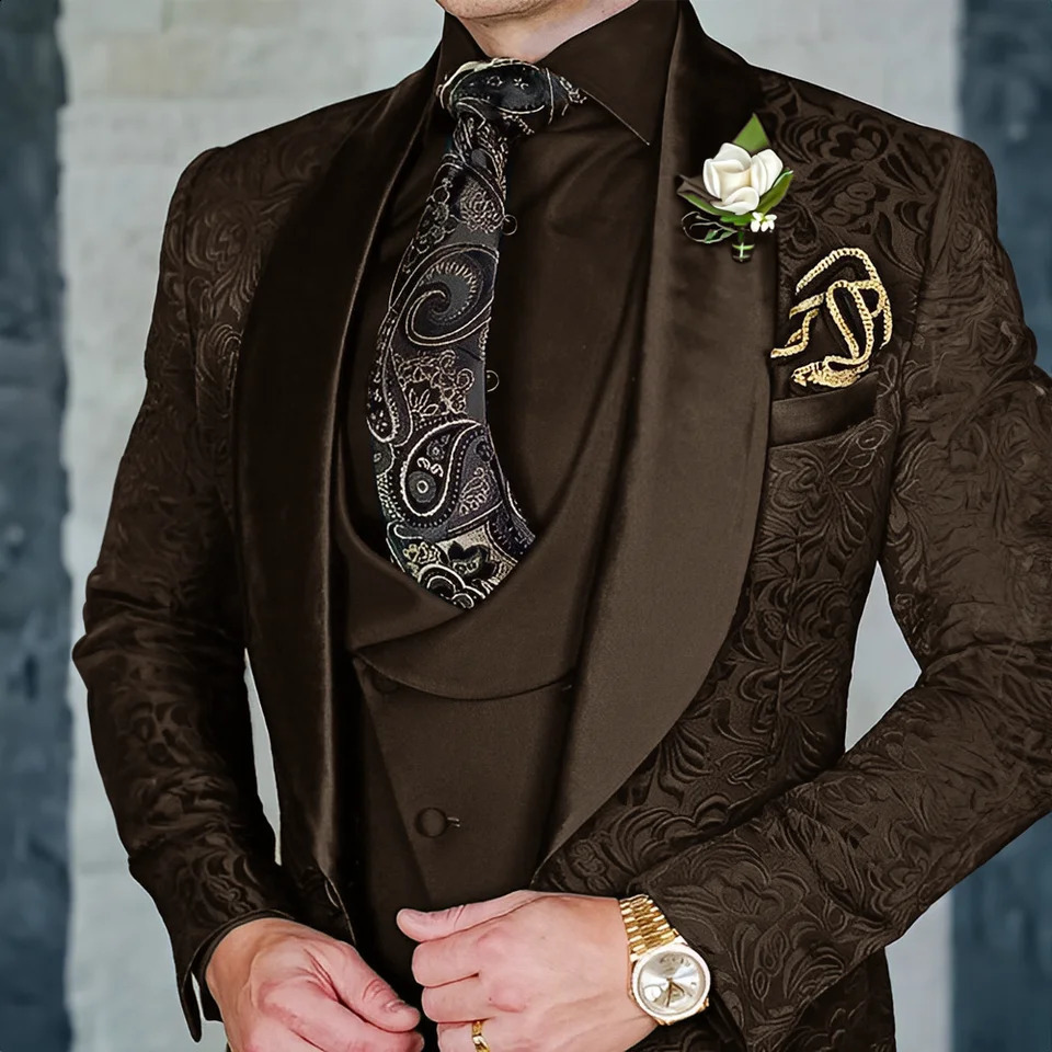 Jacquard Mens 3-piece Suit Set Formal Party Dress Grooms Tuxedo High Quality Elegant Mens Customized Outfit 240819