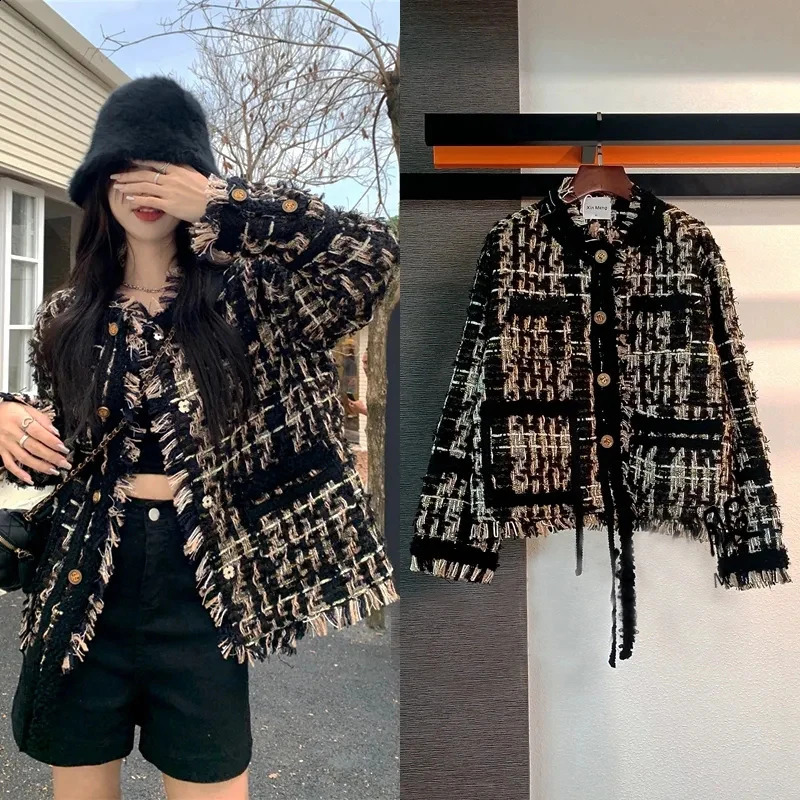 GIDYQ Y2k vintage cut tweed jacket for womens streetwear black gold woven tassel highquality casual chic button 240819
