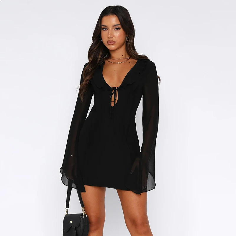 Cross-Border Sexy Flanged Long Sleeve Skirt for Spring and Autumn Hollow-Lace Skirt Dress 240819