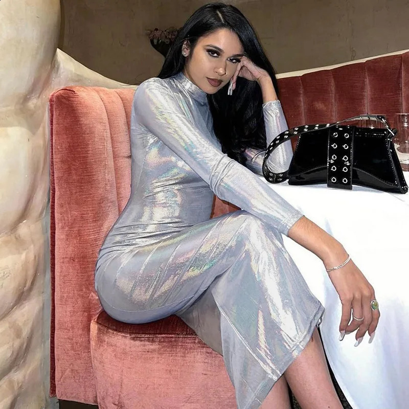 Pu Faux Leather Long Sleeve Reflective Elegant Sexy Bodycon Maxi Dress Winter Women Birthday Party Y2K Christmas 240819