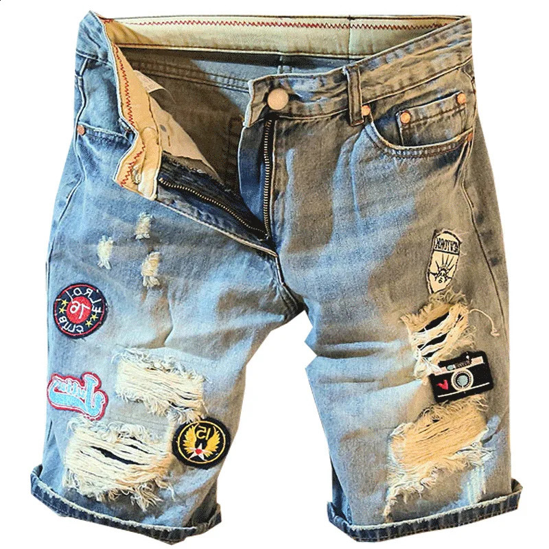 Summer mens letter printed denim shorts with casual holes embroidered labels medium 5point pants fashion 240819