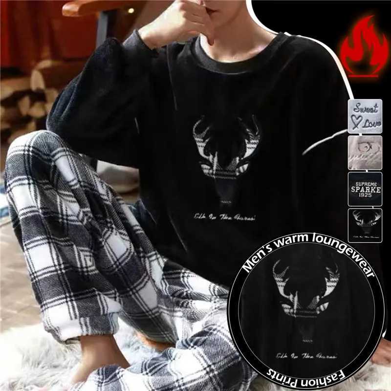Winter mens wool casual long sleeved pajamas set coral velvet cute cartoon pajamas for couples plush thick warm pajamasW240719