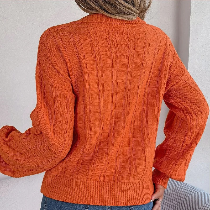 Autumn and winter womens Pullover polo long sleeved solid plain loose office fashionable casual knitted sweater top 240819