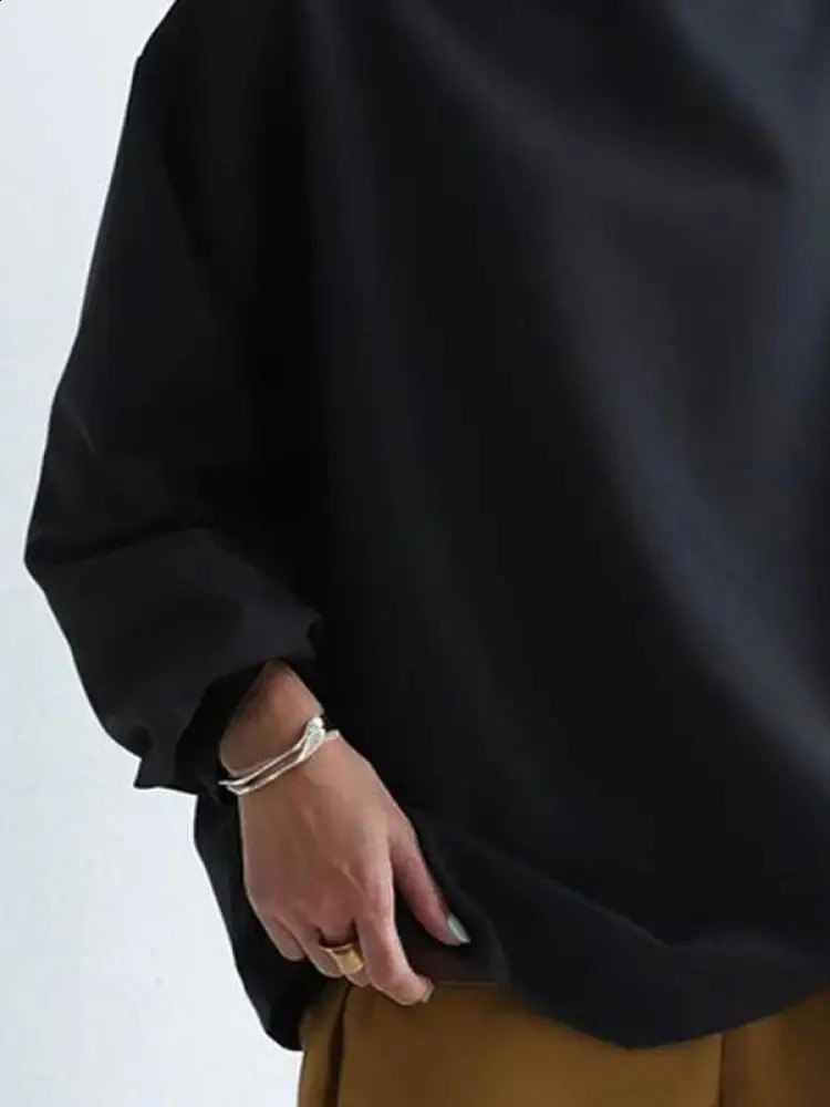 Freeacy Womens Solid Black Sports Shirt High Neck Long Sleeve Loose Fit Casual Zipper Spring Simple Tshirt Top 240814