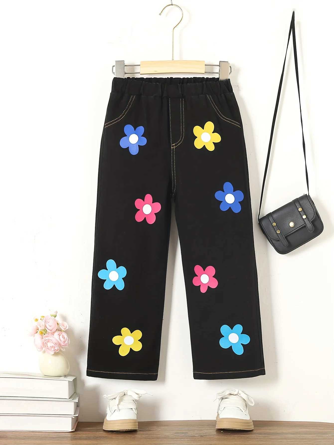 New Autumn Girl Cute Casual Fashion Printed Pants Outdoor Retro Trend Loose Black Jeans Elastic Waist Straight PantsW240819