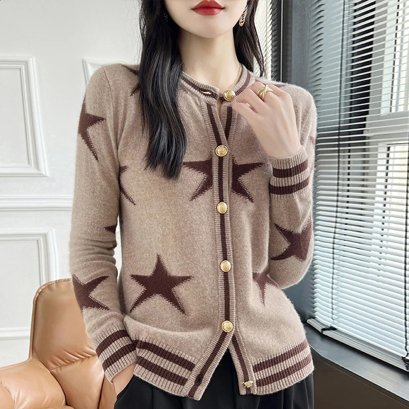 Autumn and Winter 100% Wool Womens Clothing Fashion Round Neck Knitted Open Collar Casual Loose Embroidered Top Long Sleeve Sweater 240819