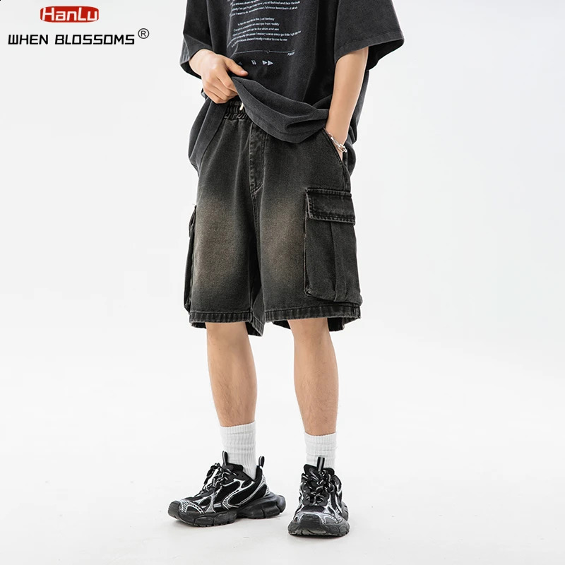 South Korean fashion mens wide leg denim shorts summer style loose casual elastic waist large pocket cargo jeans 240819