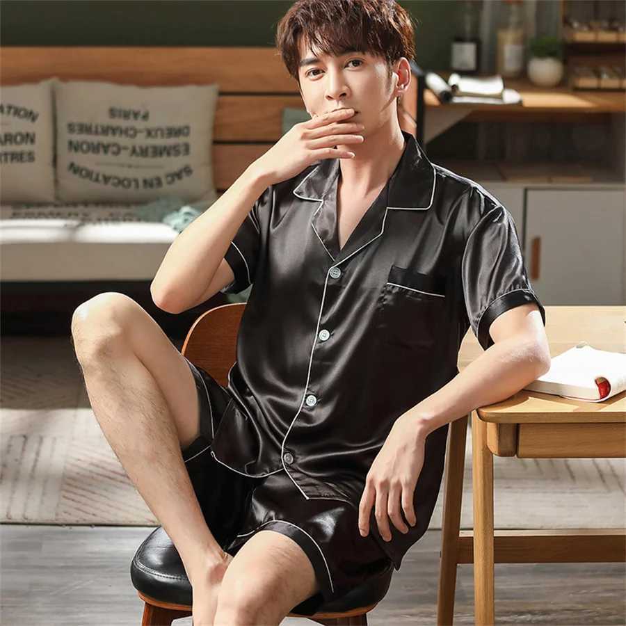 2024 Summer Mens Pajama Set Large Silk Short sleeved Top and Short sleeved Satin Pajama Home Clothing Evening Dress Mens Casual ClothingW240719