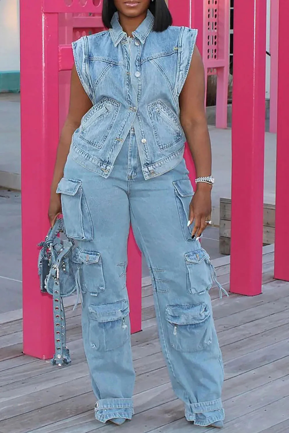 Women Jean Plus Size T shirt Laple Collar Sleeveless High Street Pockets Single Button Spring Cargo Cap Sleeve Vintage Denim Top 240819