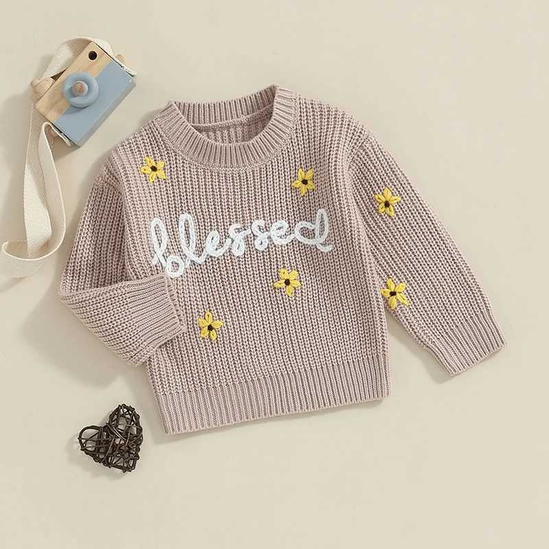 FOCUSNORM 0-3Y Autumn/Winter Girl Sweater 2-Color Long Sleeve Round Neck Flower Letter Embroidered Knitted Pullover Top W240820