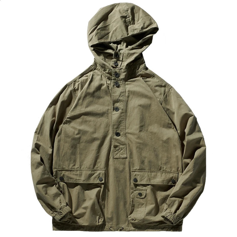 Retro workwear casual jacket mens loose shoulder sleeves fashionable hooded functional windbreaker top 240819