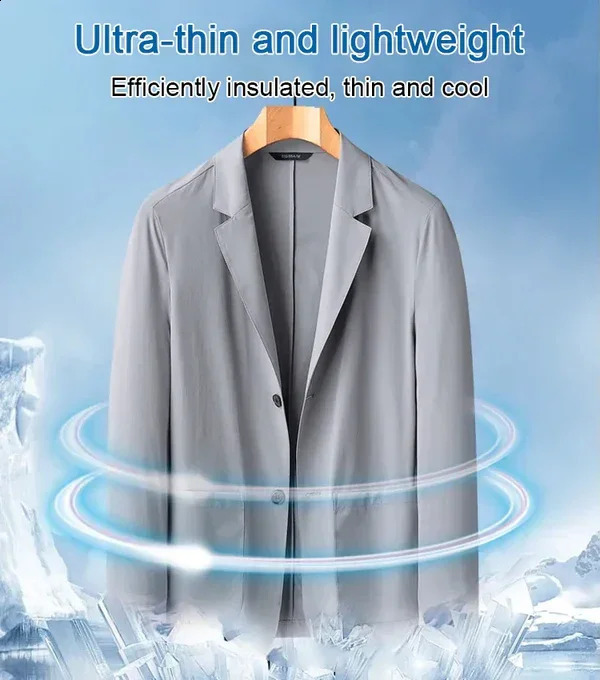 Mens lightweight jacket summer fashion thin anti wrinkle ultrathin solid lapel casual set breathable 240819