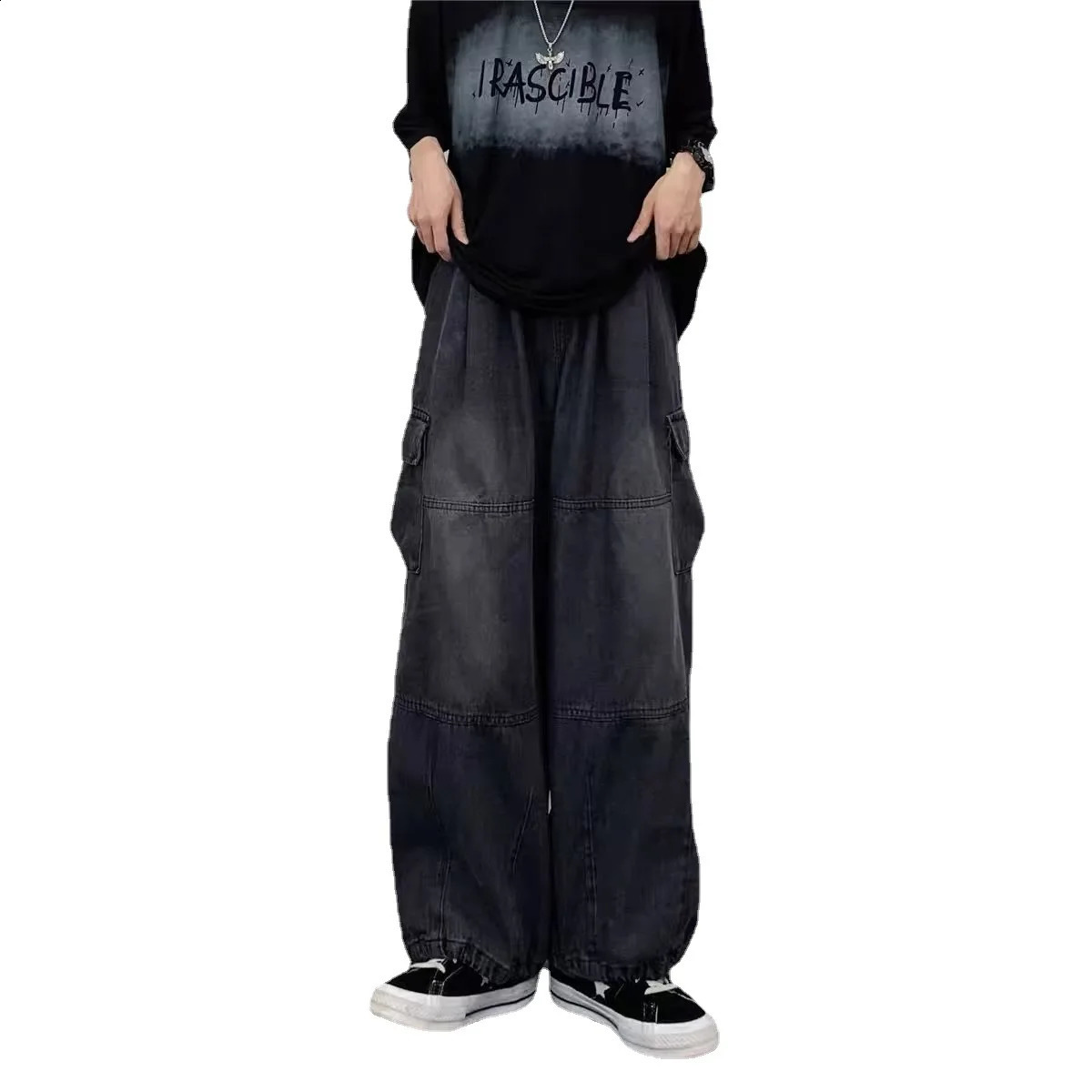 SpringSummer Retro Wide Leg Big Pocket Mens Y2K Neutral Loose Straight Casual High Street Hip Hop Jeans 240819